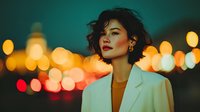 Young Asian businesswoman in white blazer against city lights bokeh background at night for corporate lifestyle concepts.