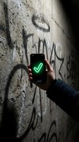 Hand holding smartphone displaying glowing green checkmark against textured concrete wall with graffiti. Success, approval, verification concept for apps, websites, digital validation.