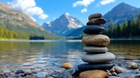 Zen stone stack balanced on lake shore with mountain landscape reflection, meditation and mindfulness concept for wellness and spiritual balance practices.