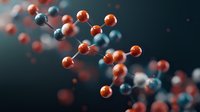 Molecular structure visualization with red and blue atoms connected by bonds floating in dark space, showing scientific concept of chemistry and biology.