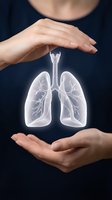 Woman hands protecting glowing lungs hologram representing respiratory health care and medical protection concept for healthcare industry.