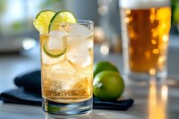 Refreshing lime cocktail with ice cubes in glass on dark slate coaster, sparkling beverage with citrus garnish for summer entertaining and bar service.