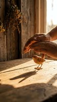 Gentle hands protecting small brown bird on rustic wooden surface with warm sunlight streaming through barn doorway creating peaceful wildlife care moment.