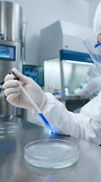 Laboratory scientist in protective suit using pipette with blue liquid sample in sterile research facility for medical testing and analysis.