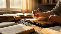 Person writing in notebook at wooden desk with open books and warm sunlight streaming through window creating cozy study atmosphere for learning and education.