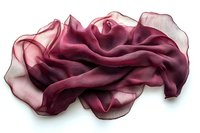 Elegant burgundy silk chiffon scarf with flowing folds and transparent texture isolated on white background, showcasing delicate fabric movement and light gradient.