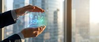 Businessman hands protecting holographic healthcare data with medical icons and charts in modern office environment for digital health technology concepts.
