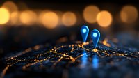 Glowing blue location pins on dark circuit board pattern with golden bokeh background, representing digital navigation and GPS technology concept.