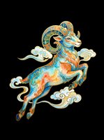 Ornate leaping ram with swirling gold patterns and colorful watercolor details, isolated on transparent background, ready for stickers, sublimation, and t-shirt design.