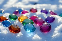 Colorful glass gems scattered on fresh white snow with sparkling bokeh effect, creating magical winter atmosphere. Jewel-like decorative stones in vibrant rainbow colors.