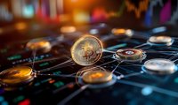 Golden cryptocurrency coin on digital market chart background with glowing network connections and trading data visualization for finance concept.