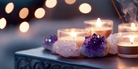 Glowing tea light candles alongside raw amethyst and rose quartz crystals on decorative tray with soft bokeh lights creating peaceful meditation atmosphere.