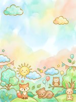 Whimsical pastel watercolor scene with smiling sun, fluffy clouds with gold outlines, cute animals including fox, bear, and rabbit in grassy meadow with trees, balloons, stars, and bunting flags. Isolated on white background, ready for nursery decor, children's book illustration, greeting cards, and apparel design.
