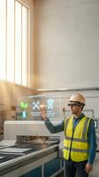 Male engineer in safety vest interacting with digital interface displaying maintenance protocols and quality assurance icons in modern industrial facility.