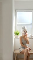 Young Caucasian woman applying facial mask in modern bathroom with towel on head sitting by window for skincare routine and wellness self-care at home.