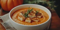Creamy pumpkin soup with golden croutons and fresh rosemary garnish served in white bowl, perfect autumn comfort food for seasonal menu designs.