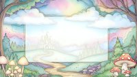 Enchanted fairy tale landscape with magical castle, rainbow clouds, mushrooms and dreamy pastel colors for children's book illustration and fantasy design.