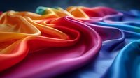 Vibrant rainbow colored silk fabric with soft folds and waves creating smooth flowing curves, from warm orange to deep blue tones in gradient transition.