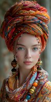 Young Caucasian woman wearing vibrant orange and red turban with ethnic jewelry and patterned clothing. Striking blue eyes and natural makeup against colorful traditional accessories.