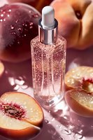 Crystal glass dropper bottle with peach extract serum surrounded by fresh cut peaches in pink light with water drops creating luxurious skincare atmosphere.