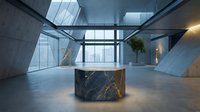 Modern minimalist office lobby with marble reception desk, concrete walls, glass ceiling and contemporary architectural design for corporate spaces.