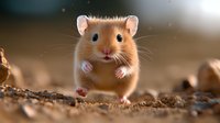 Adorable golden hamster running on soil ground in natural sunlight, tiny paws and curious expression captured in close-up macro photography, soft bokeh background.