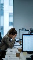 Stressed businesswoman holding head in hands at office desk with computer screens and paperwork showing workplace burnout and mental health challenges.