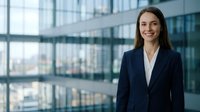 Professional woman with long dark hair and fair complexion wearing navy blazer and white blouse, smiling confidently in modern glass office building with city skyline view, suitable for corporate business and professional portraits.