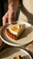 Baker's flour-dusted hands presenting golden lemon meringue pie slice on white plate in warm sunlight for dessert photography and culinary marketing.