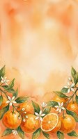 Watercolor illustration of fresh oranges with green leaves and white blossoms arranged at bottom, featuring warm peachy tones and soft washes creating an inviting citrus-themed background for design projects.