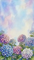 Watercolor hydrangea garden border with blue, purple and pink blooms on soft pastel sky background with copy space for text.