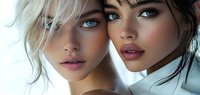 Close-up portrait of two young women with striking blue eyes, blonde and dark hair, pink lips, and flawless skin against white background.