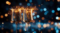 Elegant champagne glasses with golden sparklers against blurred bokeh lights background create festive holiday atmosphere for celebration and special occasions.