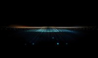 Futuristic digital landscape with glowing blue light grid lines extending to horizon against dark background, creating perspective depth and technological atmosphere.