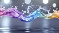 Colorful liquid wave splash in rainbow colors with water drops and dynamic motion effect against gray background, abstract fluid art photography.