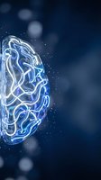 Glowing digital brain with electric blue neural pathways and sparkling particles on dark background for artificial intelligence and technology concepts.