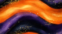 Magical cosmic waves in orange and purple colors with golden sparkles and stars flowing through dark space create mesmerizing abstract background pattern.