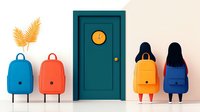 Back to school concept with students carrying colorful backpacks standing near classroom door with decorative plant elements.