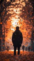 Silhouette of man standing in autumn park with falling maple leaves against bright orange sunset creating magical bokeh effect and dreamy atmosphere.