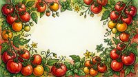 Ripe tomatoes with green foliage frame a blank center space, creating a decorative border suitable for recipe cards, menus, agricultural marketing, and food-related design projects.