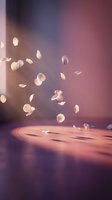 Delicate rose petals floating gracefully through soft purple and pink gradient light creating dreamy romantic atmosphere for wedding or spa concepts.