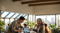Young professionals collaborating on laptop in modern office with exposed beams and city skyline view during productive business meeting.