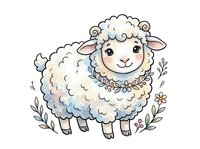 Cute sheep character with fluffy wool coat and floral wreath, isolated on white background. Perfect for children's illustrations, nursery decor, greeting cards, and fabric design projects.