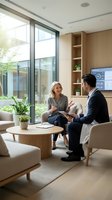 Professional business meeting between confident blonde woman and businessman in modern office lounge with natural light and contemporary furniture.