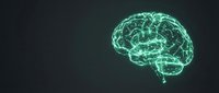 Digital brain wireframe glowing in green neon light on dark background for artificial intelligence and neuroscience concepts.
