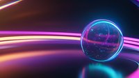 Glowing crystal sphere reflects neon lights against dark background with vibrant pink and blue streaks, creating magical atmosphere for modern abstract designs.