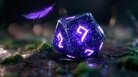 Glowing purple gaming dice with mystical numbers on moss-covered ground, magical feather floating above. Fantasy tabletop role-playing concept for game design.
