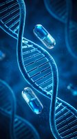 DNA double helix structure with medical capsules in blue scientific background for pharmaceutical research and genetic medicine applications.