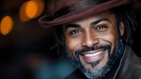 African American man with salt and pepper beard wearing brown hat smiles warmly at camera, close-up portrait with soft bokeh lights in background creating intimate atmosphere.