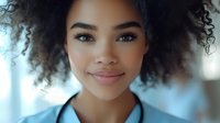 Young African American female healthcare worker with natural curly hair and gentle smile wearing blue medical scrubs against soft blurred background. Professional medical portrait.
